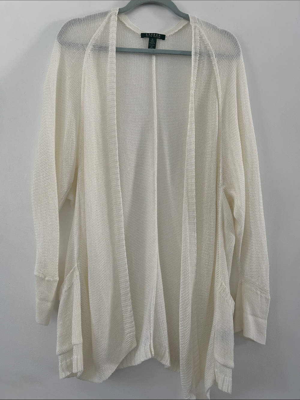 Lauren Ralph Lauren Linen Blend Cardigan Cream Open-Front Knit Lightweight SZ M